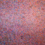 Detail of Acrylic and mixed media on canvas in an abstract expressionist mode of thousands of multicolored, primarily purple, small rings creating a sense of cosmic depth