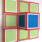 Three-dimensional painting composed of geometric blocks of color with both traditional and interference acrylic