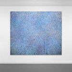 Acrylic and mixed media on canvas in an abstract expressionist mode of thousands of multicolored, primarily blue, small rings creating a sense of cosmic depth