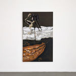 Framed tridimensional black, white, and brown acrylic painting with a sliced fiddle bass mounted onto the canvas