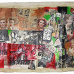 Large collage of images of nude women, hairstyles, and prisoners of labor camps arranged in a haphazard manner and interspersed with swaths of paint