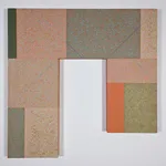 An eight-sided rectangular shape is divided into rectangular parcels of muted pink, blue, green, orange, and yellow acrylic