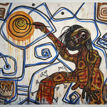 Oil painting on canvas of an artist painting the sun in a "neo-African expressionist" mode