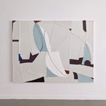 Oil and mixed media on canvas of light gray, white, and blue lines and shapes disappearing underneath each other and folding over