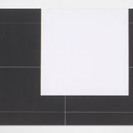A rectangular painting resembling the layout of a black tennis court with a large white square occupying the top center portion is mounted on a wall