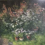 Peter Kuhfeld RP NEAC, Daisies and geraniums against a garden wall