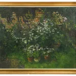 Peter Kuhfeld RP NEAC, Daisies and geraniums against a garden wall