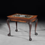 A PAIR OF GEORGE II MAHOGANY SIDE TABLES, The table bases: English, circa 1740 The scagliola inserts: Italian, circa 1735
