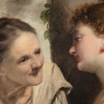 Detail of an oil painting shows an older and younger woman in conversation. The image illustrates an old fable using summer as a metaphor for beauty. Summer draws closer to its end, and beauty, along with life, is fleeting. This detail shows the faces of the two characters.