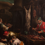 Detail of an oil painting of rural people preparing slaughtered animals for food.
