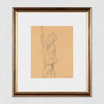 A pencil drawing on paper of a young man pulling rope.