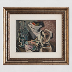 An oil painting of a still life with bottles, a fruit bowl and a bust.