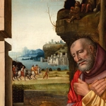 Detail of an oil painting of the adoration of the Christ Child.