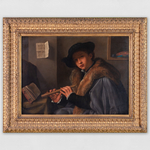 Painting depicting a young boy playing the flute. The boy is wearing a hat and a fur coat. In the background of the wall is a musical score.