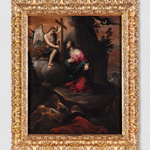 Painting of Christ in the Garden of Gethsemane, looking towards an angel handing him a cross.