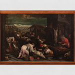 An oil painting of rural people preparing slaughtered animals for food.