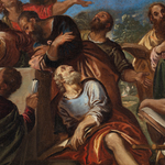 Detail of an oil painting of the assumption of the Madonna.