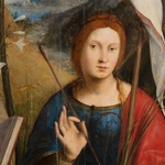 Detail of an oil painting of Saint Catherine, Anthony of Padua and Ursula, set in a natural landscape. The detail shows the face of Saint Ursula.