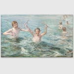 An oil painting of children playing in the water.