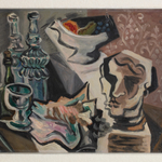 An oil painting of a still life with bottles, a fruit bowl and a bust.