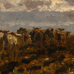 An oil painting of cattle in a field with blue skies and white clouds.