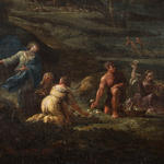 Detail of an oil painting of the Lazio landscape and mushroom picking.