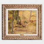 An oil painting of a still forest in greens, yellows and browns. Artwork details: Artist: Giorgio De Chirico. Artwork title: Bosco silente. Artwork date: 1925. Artwork medium: Oil on canvas. Artwork dimensions: 51 x 60.5 cm.