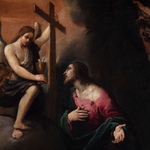 Detail of the painting depicting Christ in the Garden of Gethsemane, looking towards an angel handing him a cross.