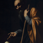 Detail of an oil painting of the nativity.