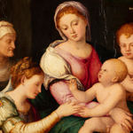 Detail of an oil painting of the mystical marriage of Saint Catherine to baby Jesus.