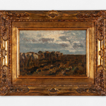 An oil painting of cattle in a field with blue skies and white clouds.