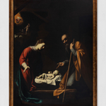 An oil painting of the nativity.