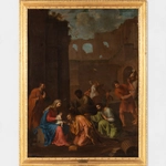 An oil painting of the Adoration of the Magi or Adoration of the Kings or Visitation of the Wise Men is the name traditionally given to the subject in the Nativity of Jesus in art in which the three Magi, represented as kings, especially in the West, having found Jesus by following a star, lay before him gifts of gold, frankincense, and myrrh, and worship him.