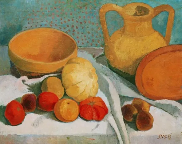a shallow view of a still-life painting depicting yellow and clay colored bowls and a pitcher with fruits at front