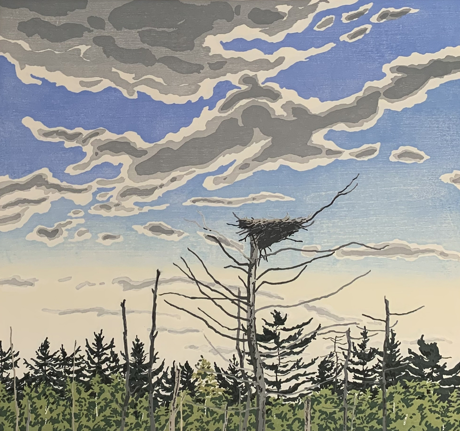 Osprey's Nest, 1979-80, woodcut on Kizuki Sarashi Hanga, 29 1/2 x 31 1/2 inches