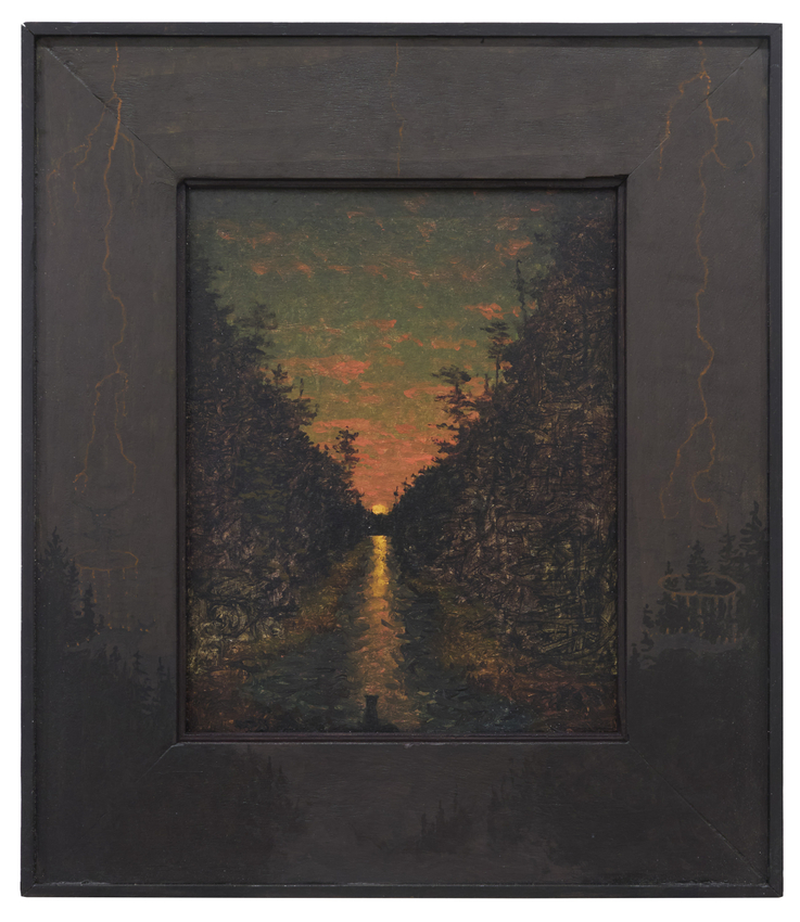 Dibinawe, 2025, oil on rag board, 14 3/4 x 12 3/4 inches, including artist's hand painted frame
