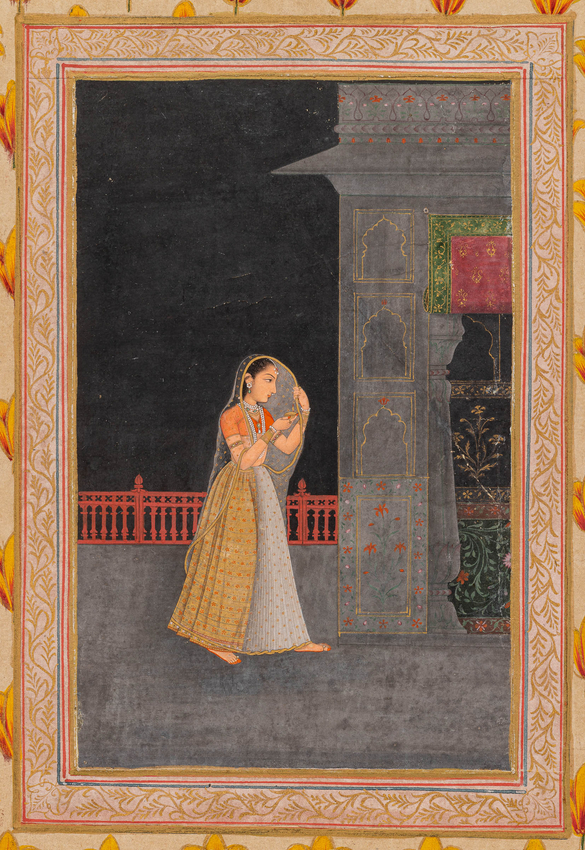 PRINCESS STROLLING ACROSS A PALACE TERRACE AT NIGHT