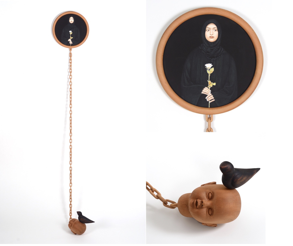 Humaira Abid, Woman in Black, 2022,&nbsp;Pine and mahogany wood, pigments on handmade wasli paper, tru-vu museum acrylic, 62 x 24 x 12 in (157.5 x 61 x 30.5 cm), ABIHU005