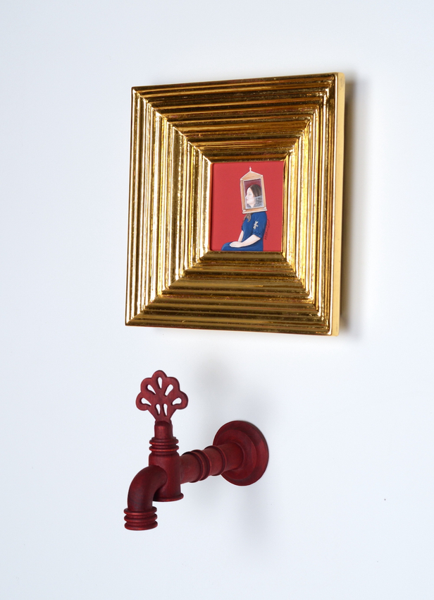 Humaira Abid, Self Portrait - III, 2022,&nbsp;Carved, stained and 24k gold gilded pine, Gouache and pigments on handmade wasli paper, tru-vu , museum acrylic, 13 x 8 &frac12; x 6 &frac14; in (33 x 21.6 x 15.9 cm), ABIHU006