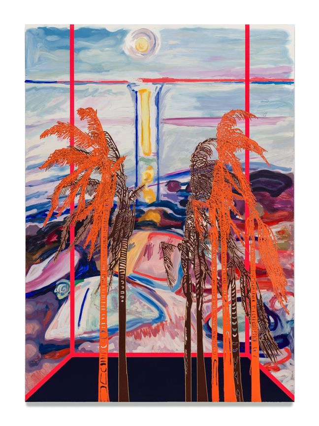 Veduta (Munch Moonlight Beach), 2025, Ink and oil on nylinen on panel,