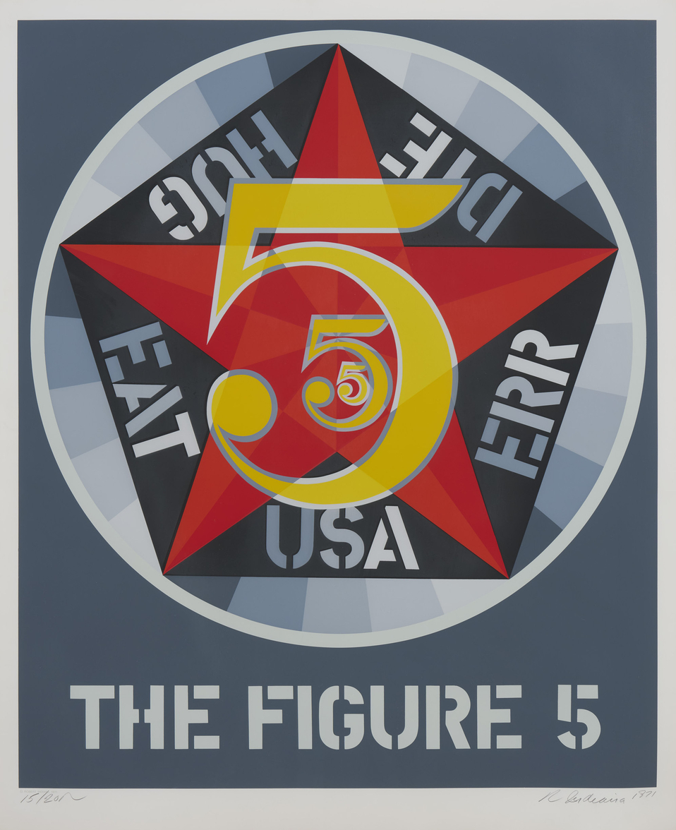 Print dominated by three golden number 5s of varying sizes against a red star and pentagon in the center of a circle. The words Die, Err, USA, Eat, and Hug are found clockwise from top along the sides of the pentagon. The print's title, The Figure 5, is below the circle.