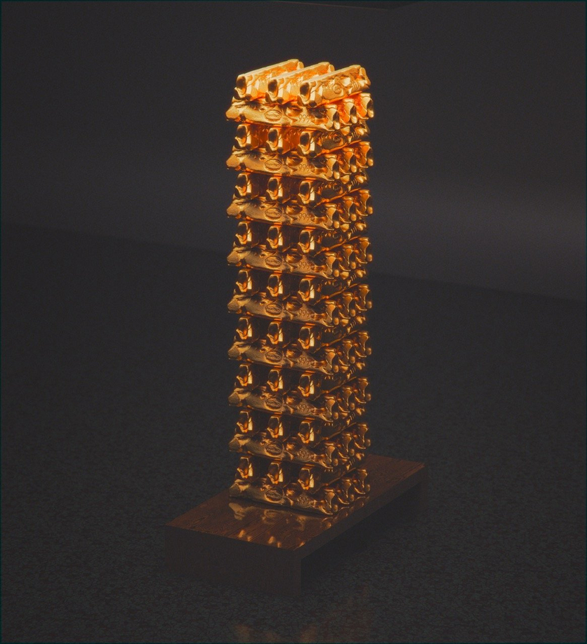 Zadik Zadikian, Path to Nine, 2024, 18 stacks of gold-leaf gilded ingots. Courtesy of Tony Shafrazi | Gallery Without Walls and Independent.