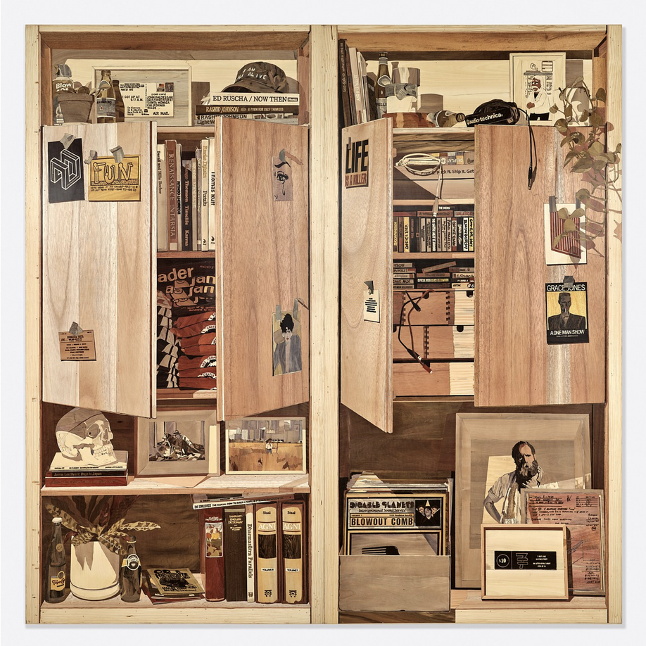 Michael B&uuml;hler-Rose,&nbsp;B&uuml;hler-Rose Studiolo Summer &rsquo;25 (FDR &amp;amp; Grand St.) 1-2, 2025, wood intarsia/inlay: red cedar, white cedar, silver wood, tamarind, madhe, kadyakshe, aale, dark champa, ebony, honna, orange fruit wood, dark orange fruit wood, light champa, teak, rosewood, slate matti, dark rosewood, light slate matti, e g wood, tadsall, goble, bhugre, akshay, pine and satin wood, 71 x 70 x 1 &frac12; in. Courtesy of Stems Gallery.