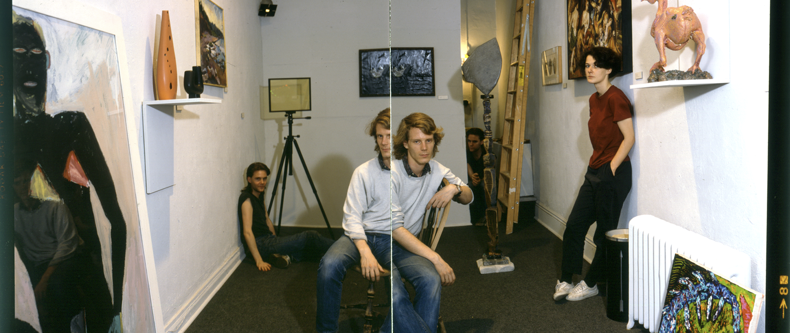 During installation of the inaugural group exhibition, May 1982, Gallery Nature Morte. From left to right: Peter Nagy, Alan Belcher, and Robin Weglinski. Courtesy of balanelcher.com.