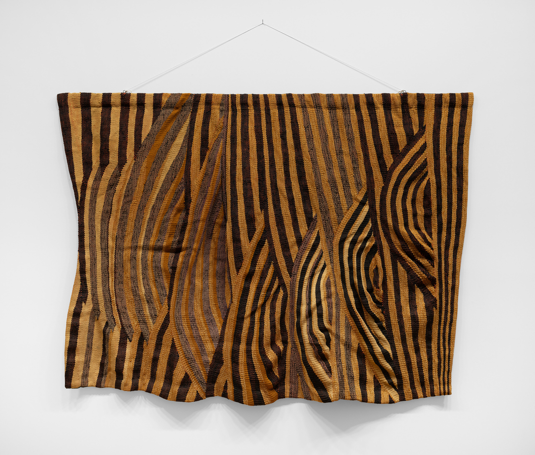 Silvia Heyden,&nbsp;Golden Relief 1, 1973, linen and wool, 50 x 65 in. Courtesy of Charles Moffett.