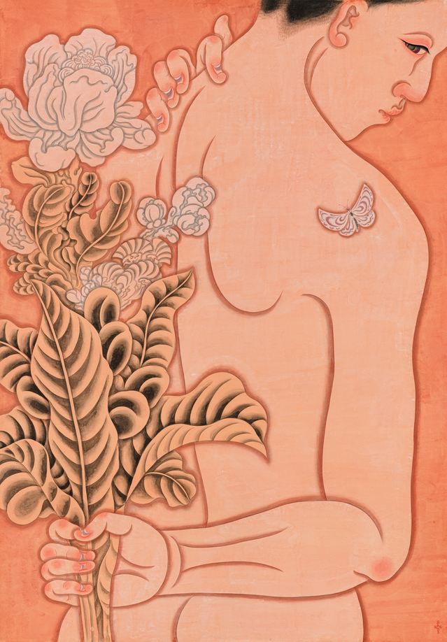 Tseng Chien-Ying, Tacit Bouquet, 2026, ink and color on paper, mineral pigments, 53 ⅛ x 38 &frac14; in, photography by Chu Chi-Hung. Courtesy of Kiang Malingue.