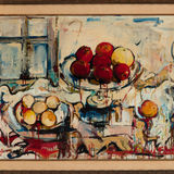 Audrey Flack, Untitled (Still Life of Fruit on Tazzae in Room Interior), 1956