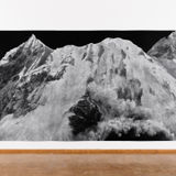 An image containing a chalk-on-blackboard work by Tacita Dean, depicting a mountain