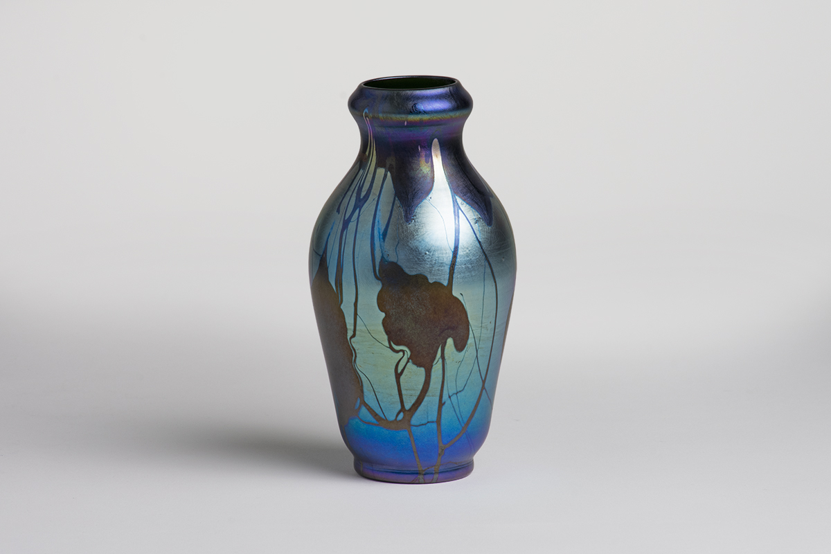 Early Decorated Blue Iridescent Favrile Glass Vase