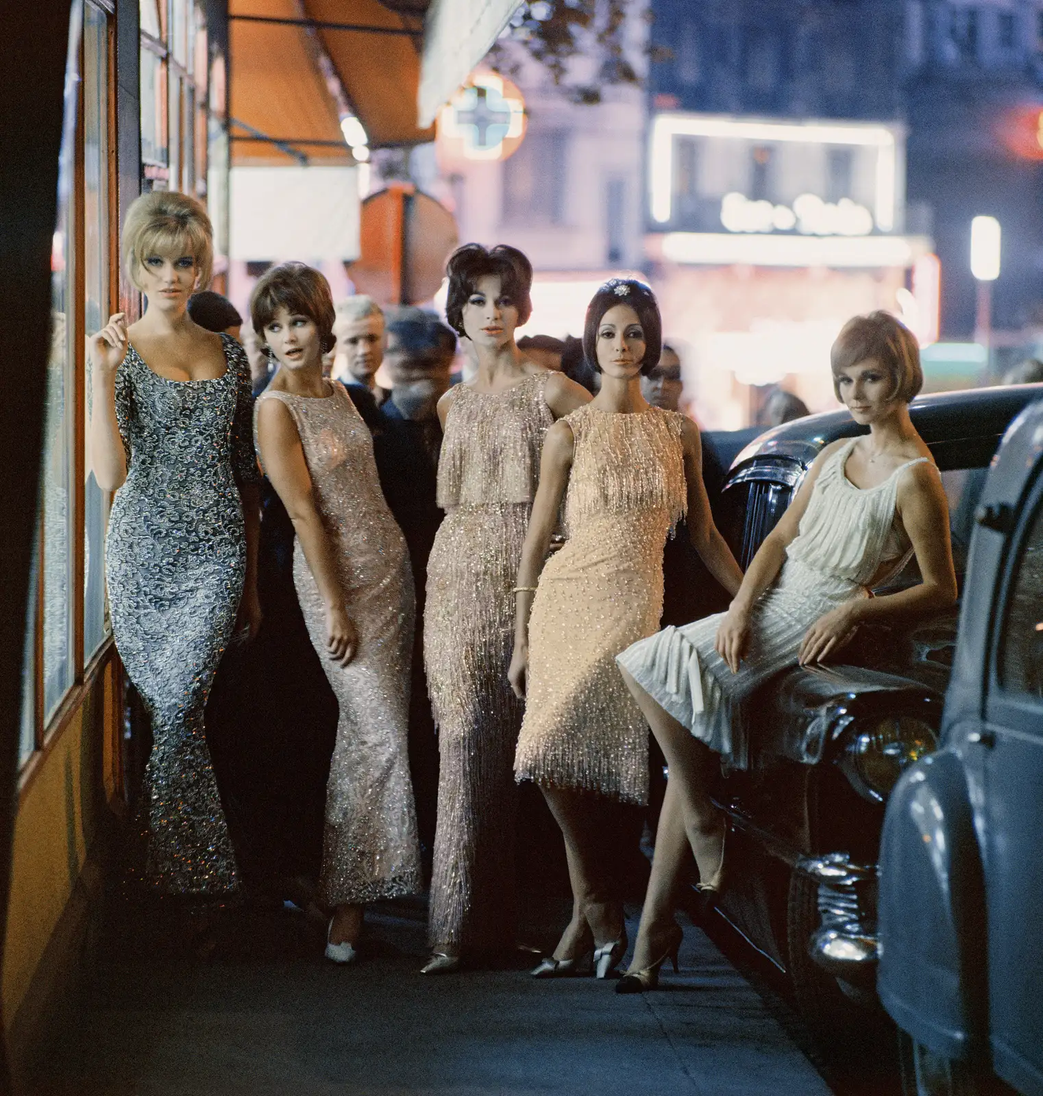 Mark Shaw, Dior Book Mod Girls in Sequined Dresses at Night, Paris , 1961